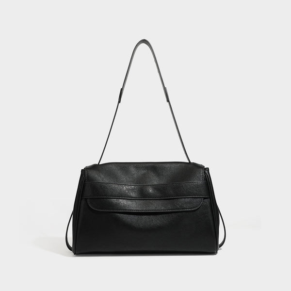 Structured rectangular flap shoulder bag in dark brown leather-look finish with long single strap and layered front panel
