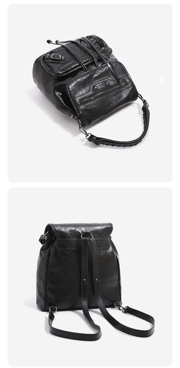 Mini flap backpack handbag with silver stud hardware, front zip pockets, and drawstring tassels, detail view 12