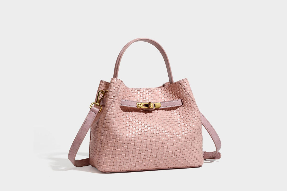 Structured woven leather-look bucket bag with gold-tone turn-lock hardware and detachable shoulder strap, detail view 46