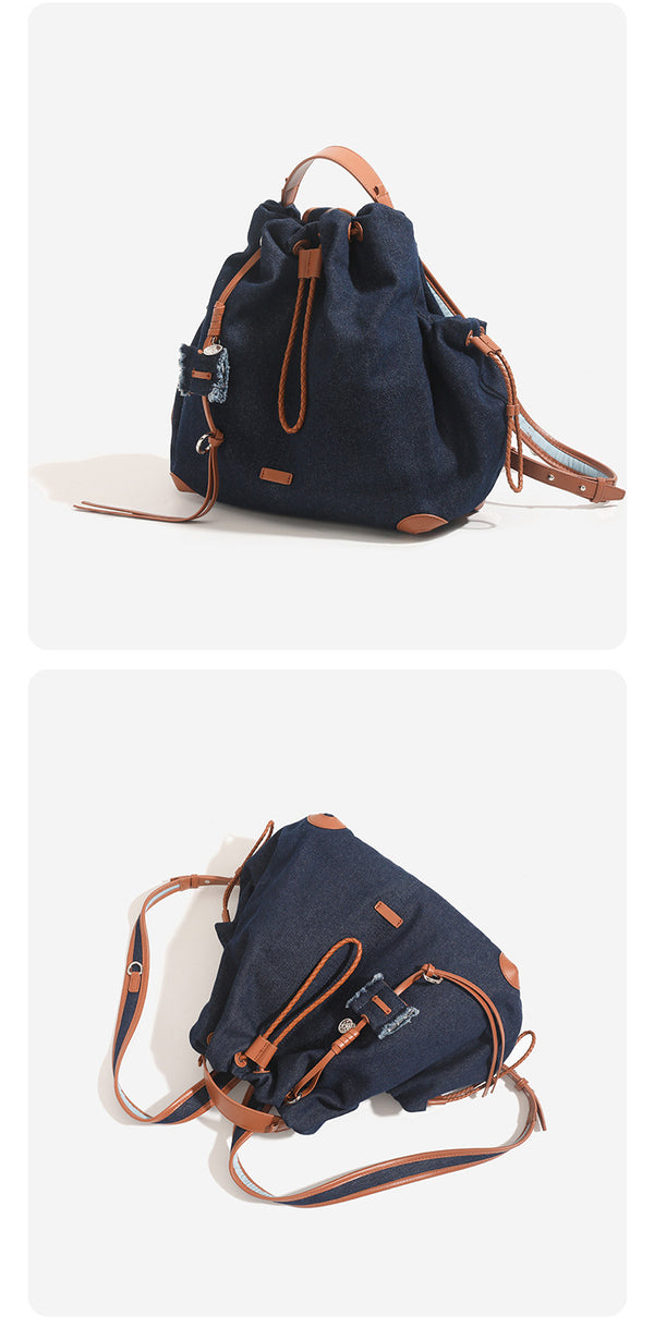 Lässiger Rucksack im Beuteltaschen-Stil mit Kordelzugverschluss, geflochtener Kordel, cognacfarbenen Kunstlederdetails und Eckenschutz, Detailansicht 14