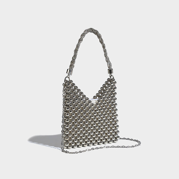 Small silver metallic beaded mini bag with braided rhinestone top handle and detachable chain crossbody strap, detail view 3