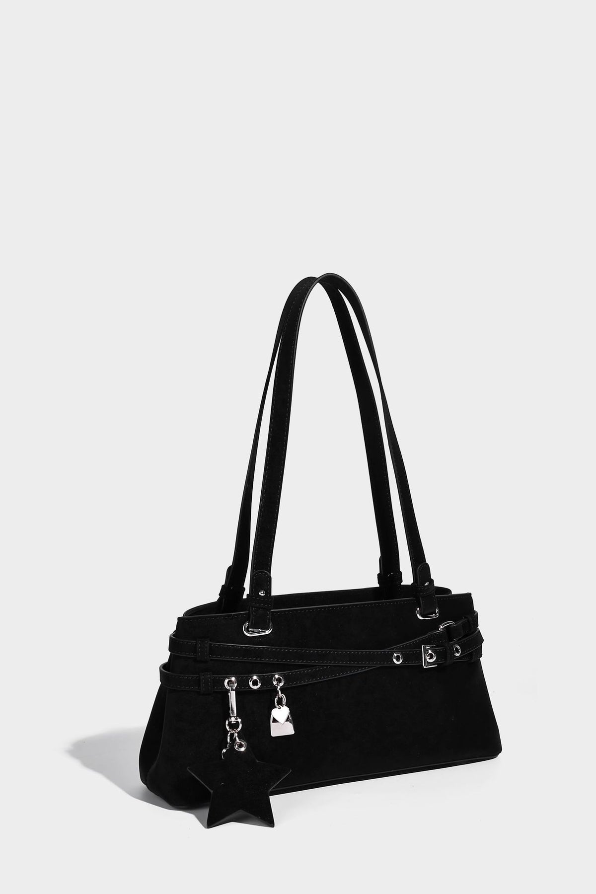 Structured trapezoid shoulder tote in dark brown matte suede-look finish with dual straps, wraparound belt bands