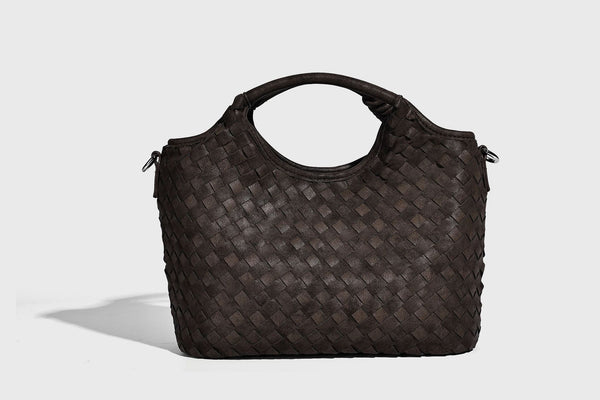 Wandelbare Tote-Schultertasche aus mattem Webmaterial mit geknoteten Tragegriffen, Vordertasche mit Klappe und abnehmbarem Schulterriemen, Detailansicht 29