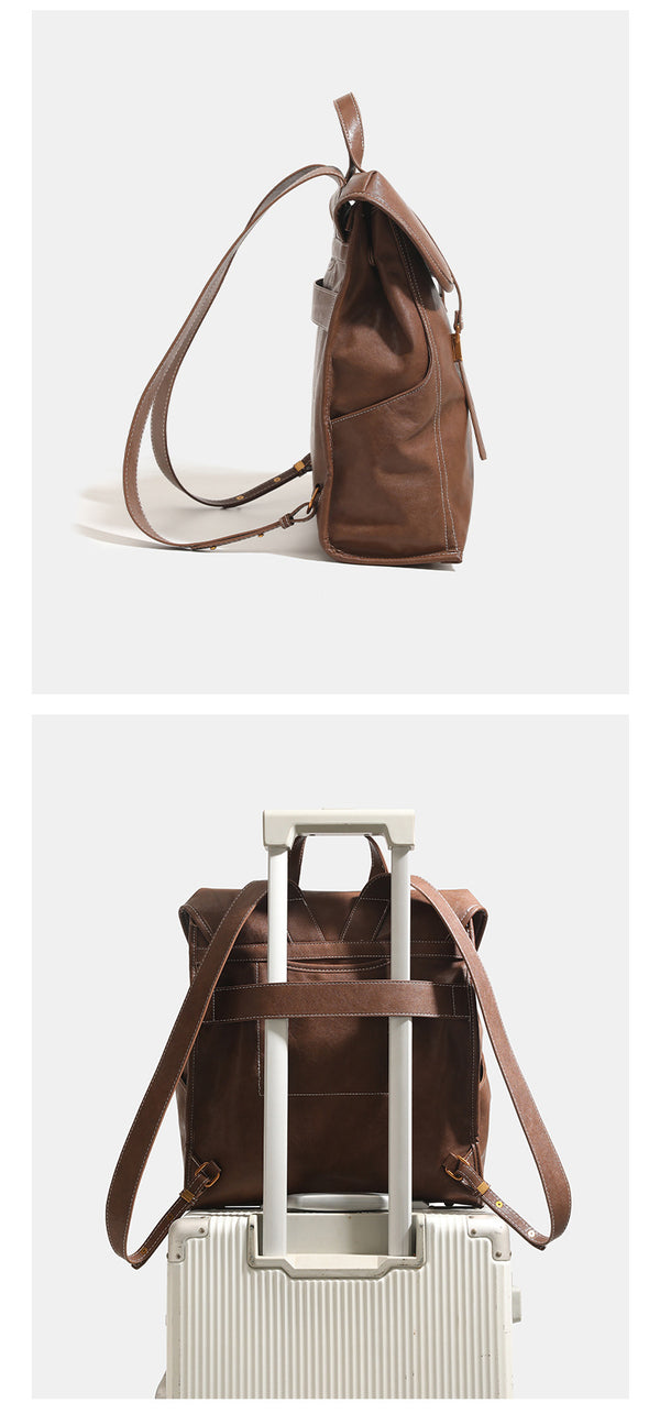 Structured leather-look flap backpack handbag with top handle, buckle front straps, white contrast stitching, and gold-tone