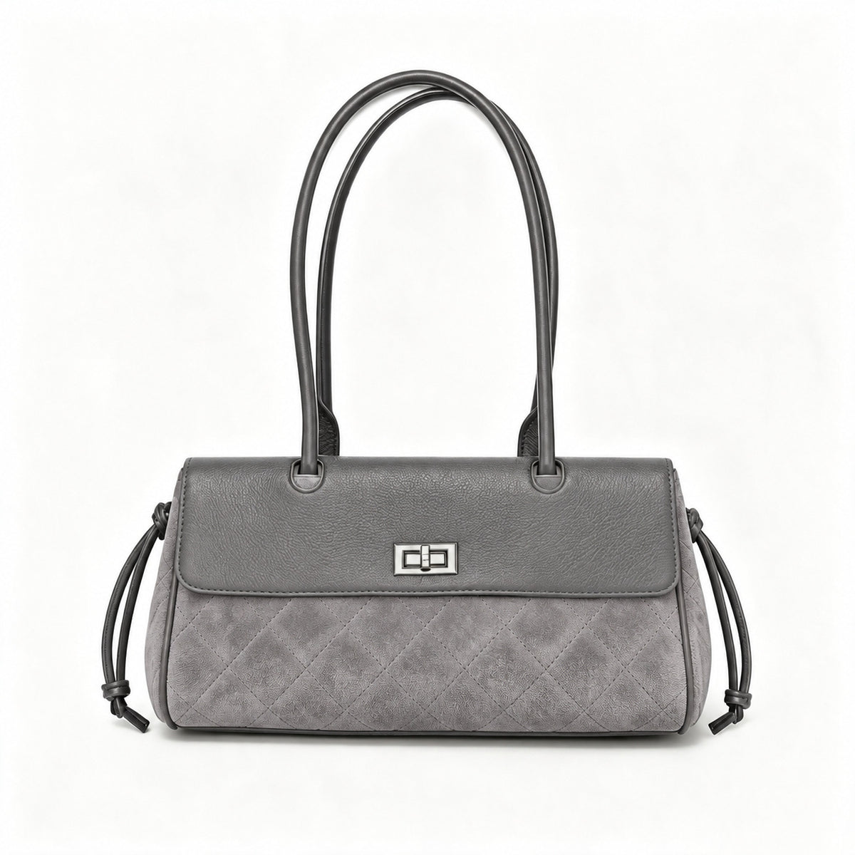 Compact two-tone quilted shoulder bag with black leather-look flap, silver turn-lock clasp, diamond-quilted body, side