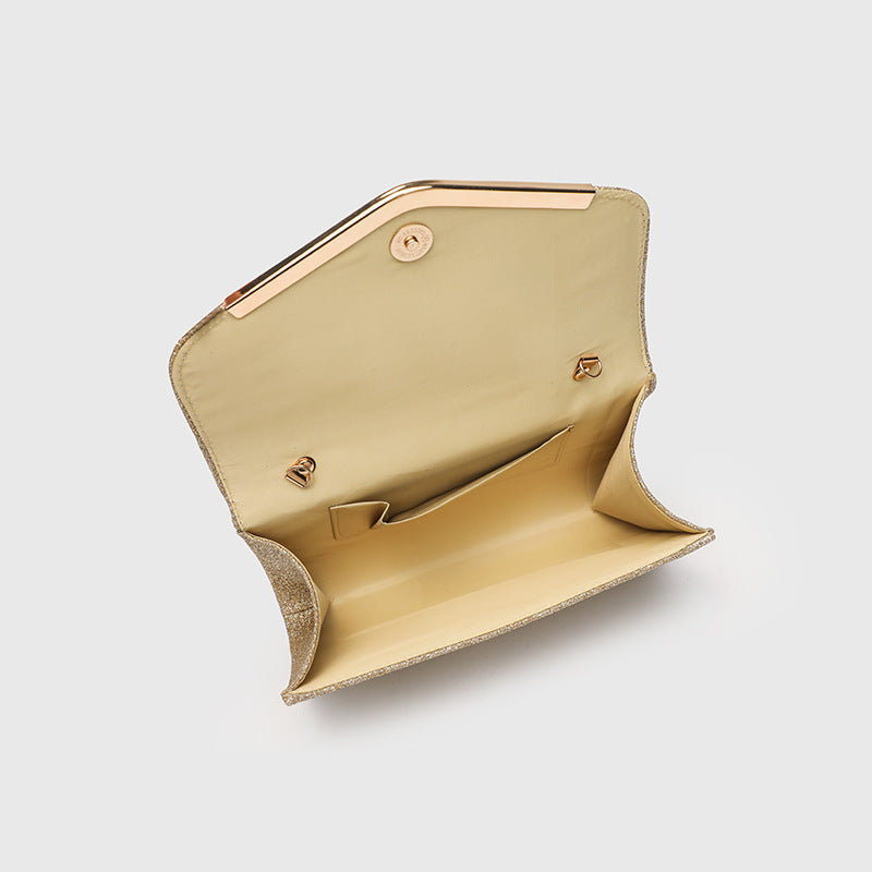 Structured glitter envelope clutch bag with gold-tone V-bar hardware and detachable chain strap, detail view 3
