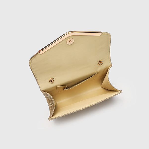 Structured glitter envelope clutch bag with gold-tone V-bar hardware and detachable chain strap, detail view 3
