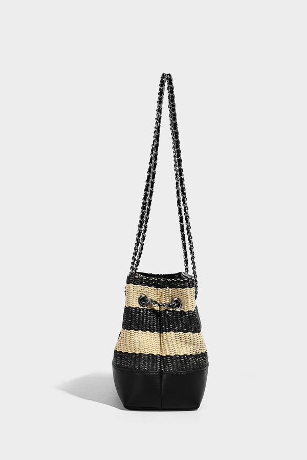 Structured black and beige striped woven shoulder bag with silver chain strap and turn-lock metal clasp, detail view 19