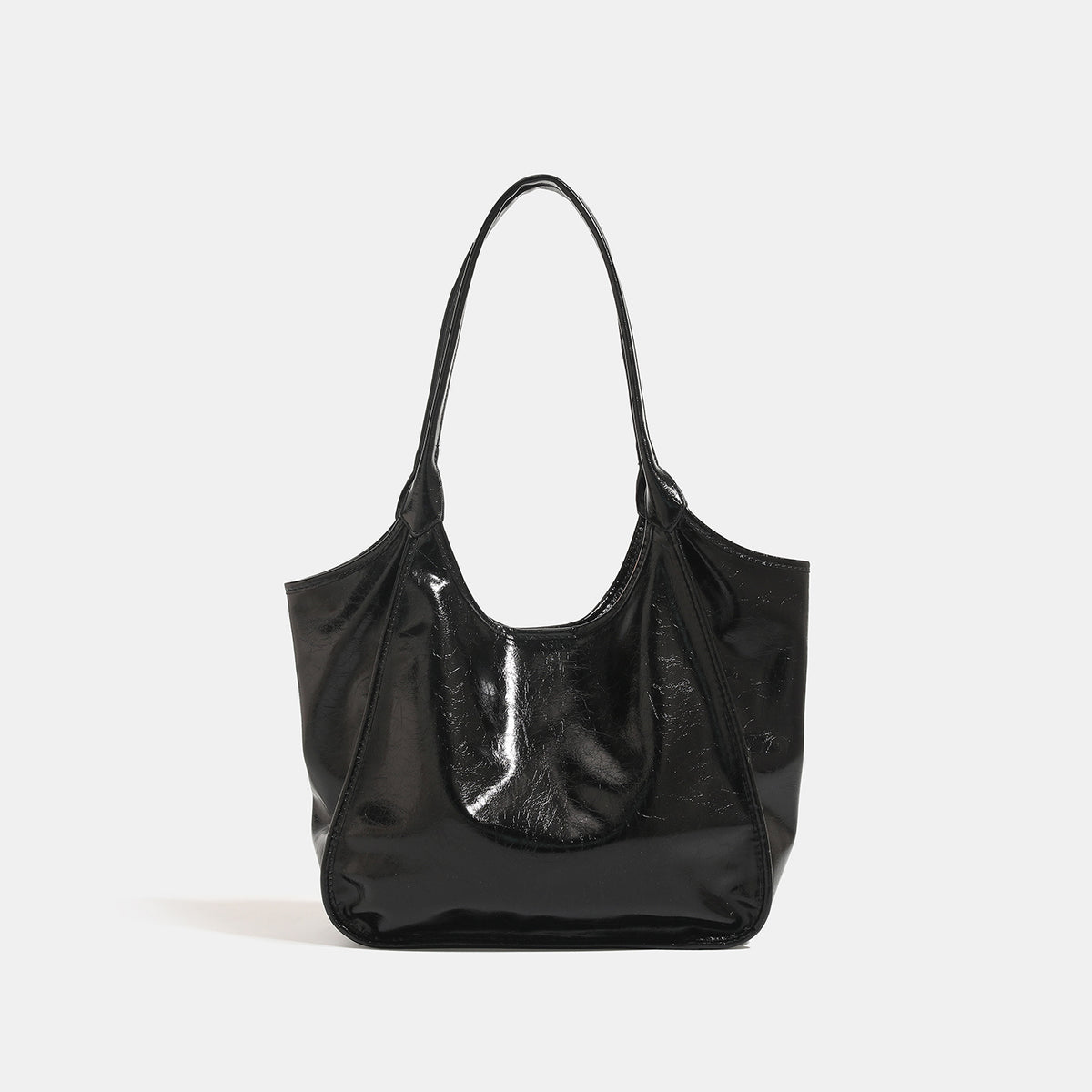 Large open-top shoulder tote bag with glossy crinkled metallic finish and long double straps, detail view 7
