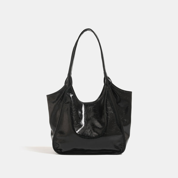 Large open-top shoulder tote bag with glossy crinkled metallic finish and long double straps, detail view 7