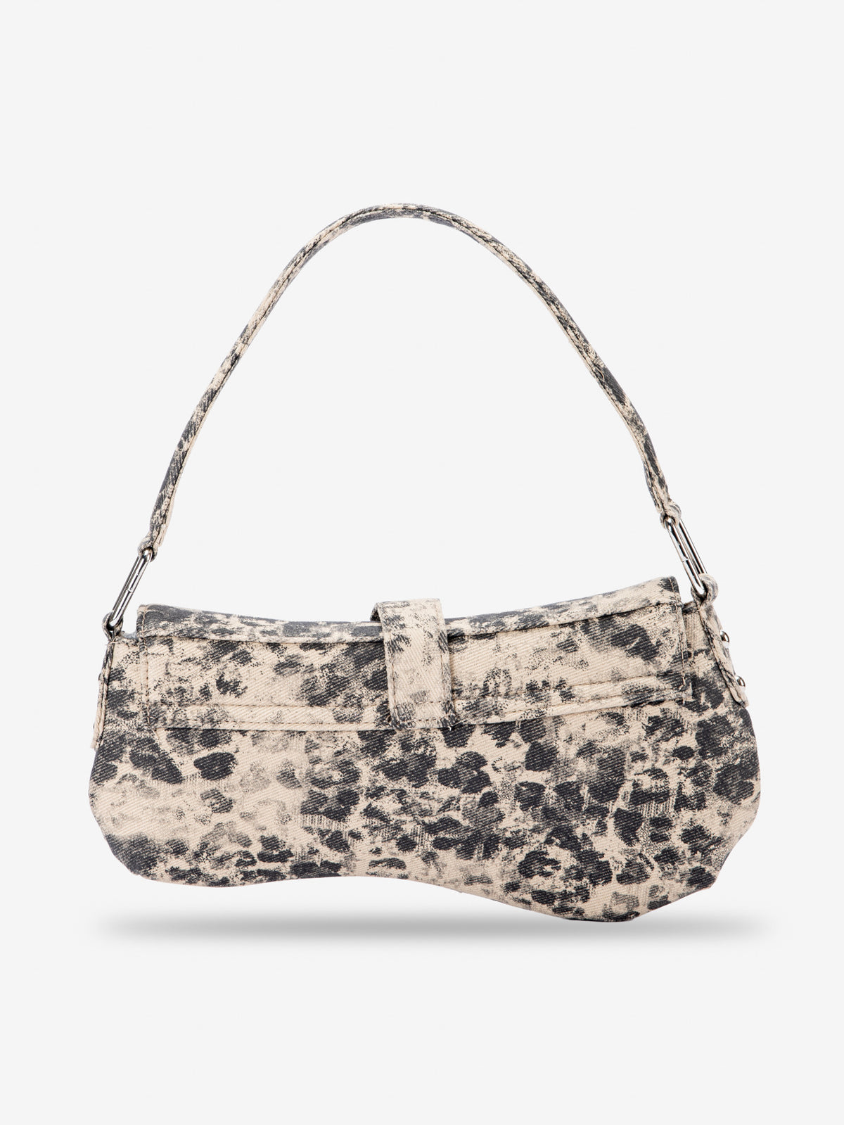 Small washed leopard print shoulder bag in blue-grey with silver buckle strap and stud accents, detail view 20