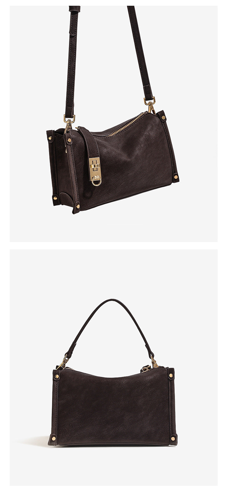 Small structured square handbag in deep dark brown matte pebbled finish with gold-tone turn-lock clasp, top zipper, corner