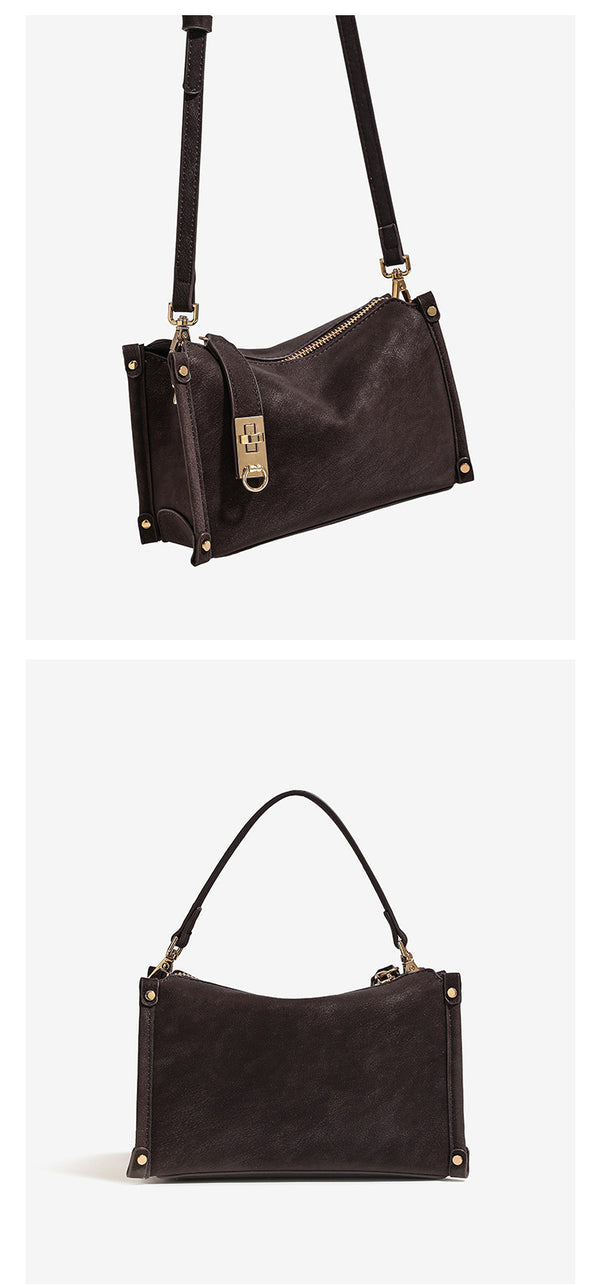 Small structured square handbag in deep dark brown matte pebbled finish with gold-tone turn-lock clasp, top zipper, corner