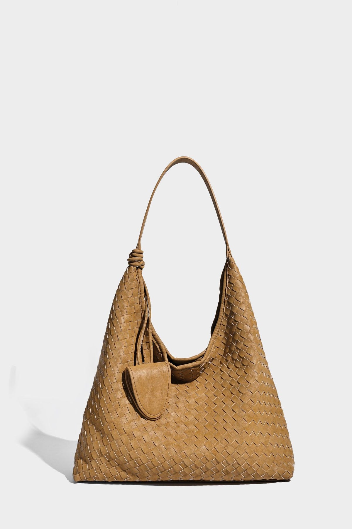 Slouchy woven hobo shoulder bag with knotted strap and matte leather-look textured finish, detail view 21