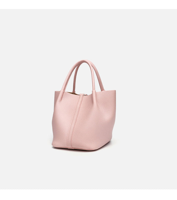 Pebbled leather-look bucket tote bag with rounded top handles and detachable shoulder strap, detail view 18