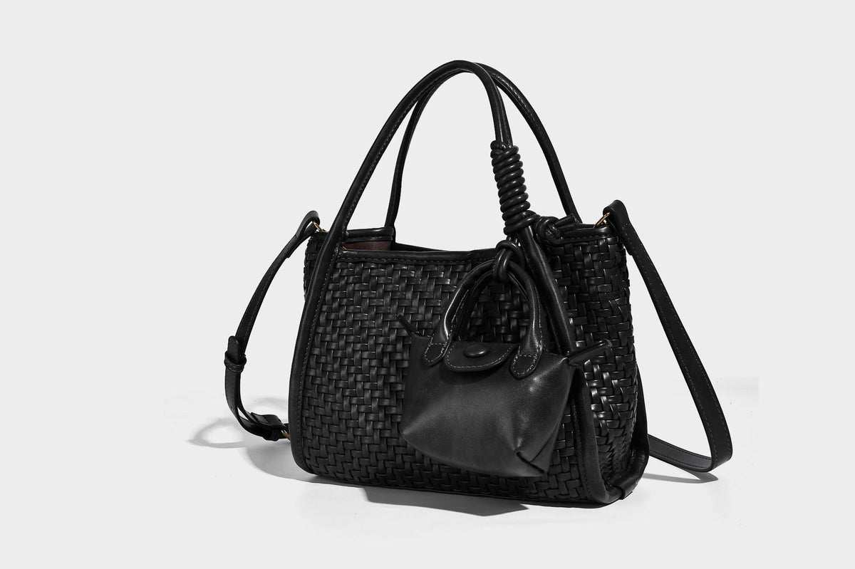 Woven texture open-top tote bag with smooth trim top handles and attached mini drawstring pouch in dark brown, detail view 31
