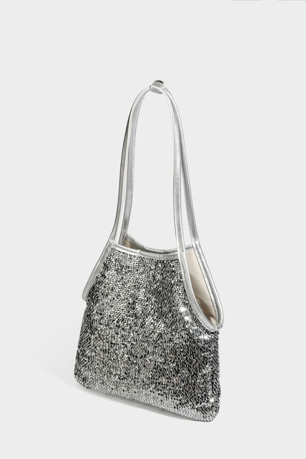 Kleine Pailletten-Schultertasche im Tote-Stil mit langem Metallic-Riemen und trapezförmiger Silhouette, Detailansicht 42