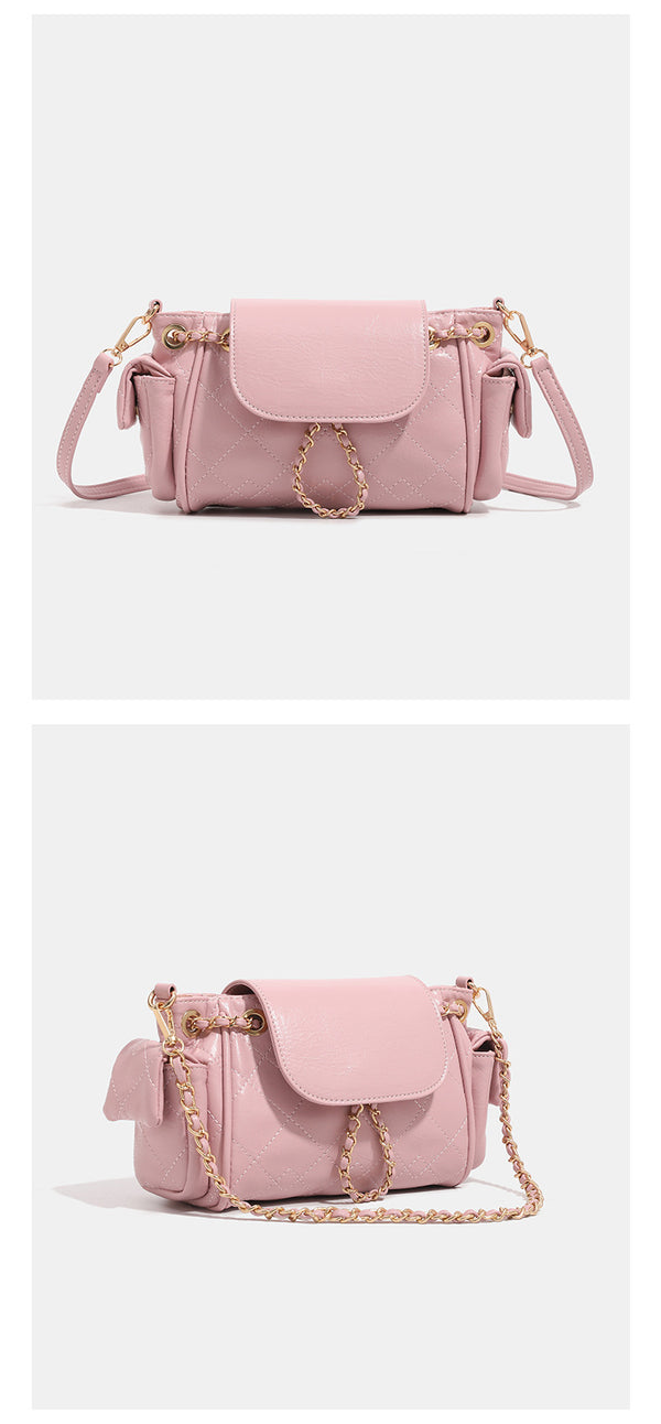 Small quilted leather-look flap bag with gold-tone chain strap and diamond stitch pattern, detail view 10