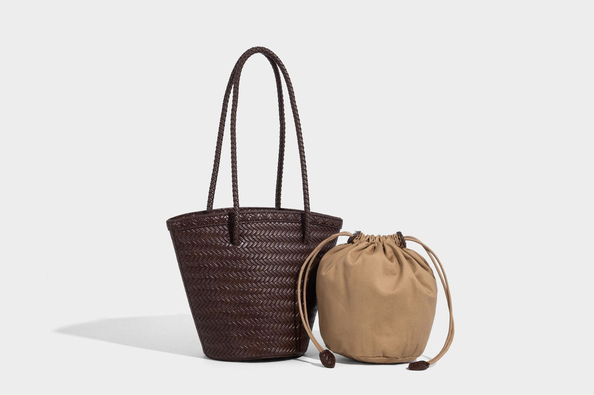 Chevron-woven bucket tote bag with braided shoulder straps and matching drawstring pouch, detail view 24