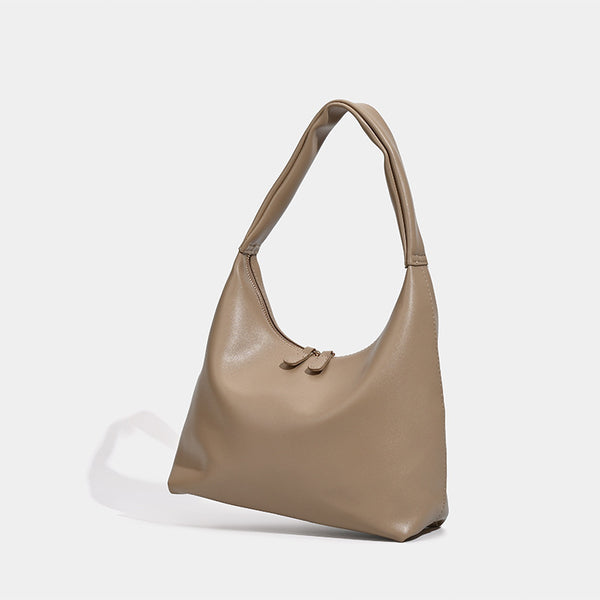 Smooth leather-look slouchy hobo shoulder bag with zip closure and wide single strap, detail view 3
