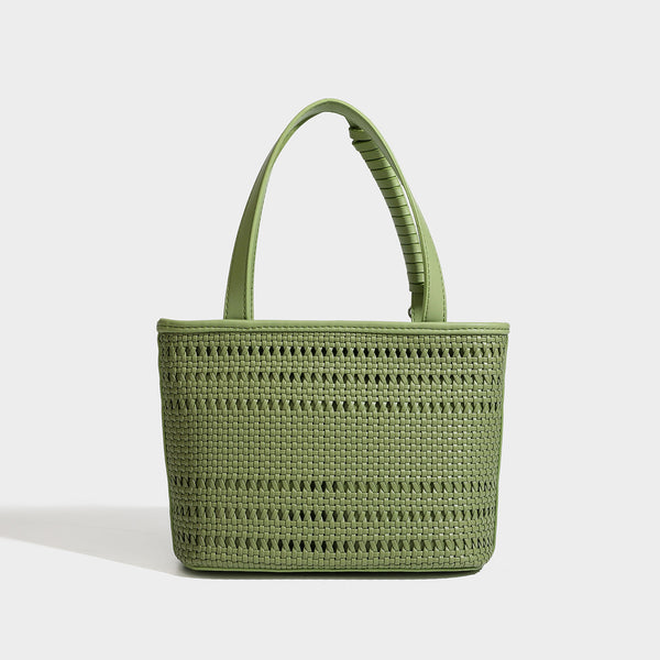 Structured open-weave tote bag with smooth leather-look trim, double top handles, detachable crossbody strap, and mini zip