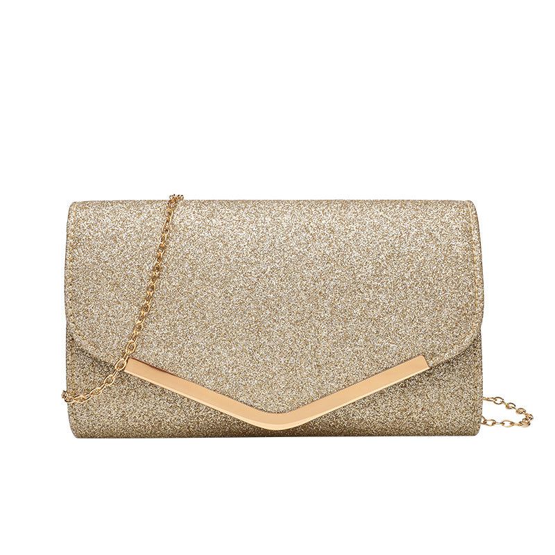 Structured glitter envelope clutch bag with gold-tone V-bar hardware and detachable chain strap, detail view 5