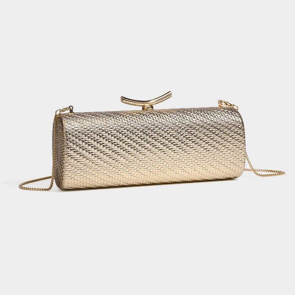 Formstabile, metallisch gewebte Abend-Clutch mit geschwungenem goldfarbenem Kiss-Lock-Verschluss und abnehmbarem, schmalem goldfarbenem Kettenriemen
