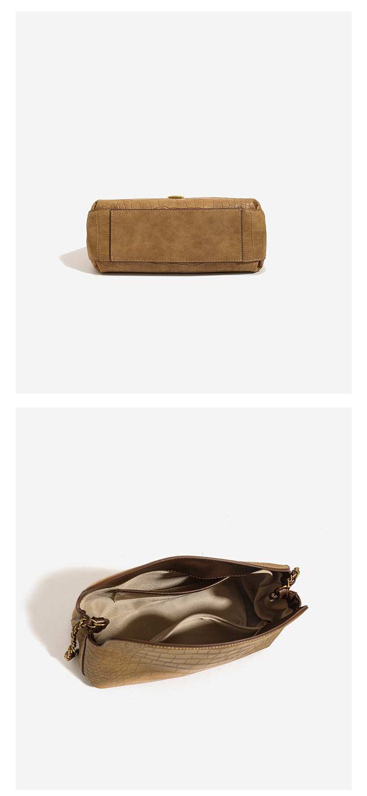 Croc-embossed pillow crossbody shoulder bag with gold-tone chain strap and flap closure, detail view 13