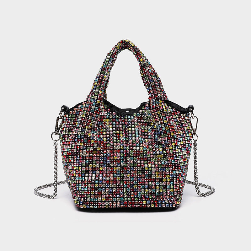 Small all-over rhinestone crystal bucket bag with twin handles and detachable chain shoulder strap, detail view 17