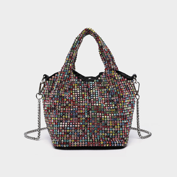 Small all-over rhinestone crystal bucket bag with twin handles and detachable chain shoulder strap, detail view 17