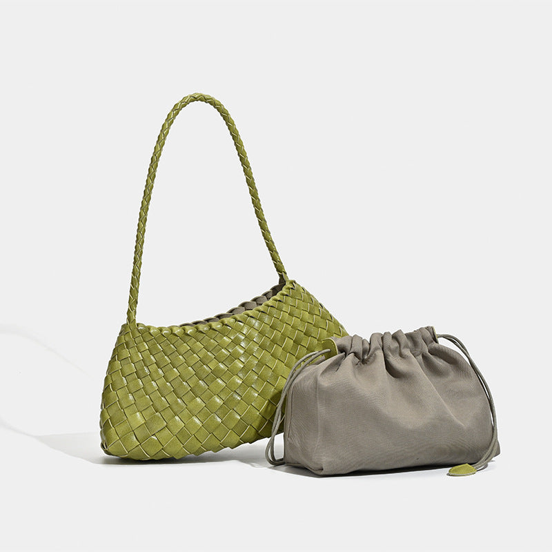Soft woven shoulder bag with braided strap and drawstring top in olive green, detail view 3