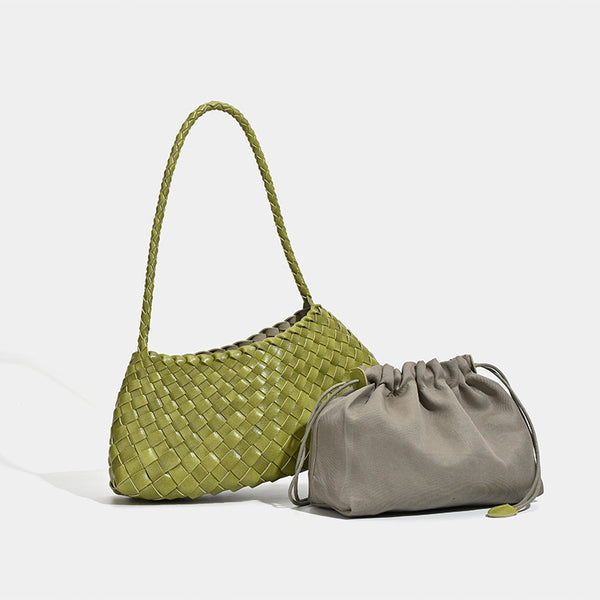 Soft woven shoulder bag with braided strap and drawstring top in olive green, detail view 3