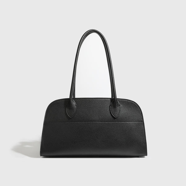 Large structured pebbled leather-look tote bag with double top handles and silver-tone hardware, detail view 7