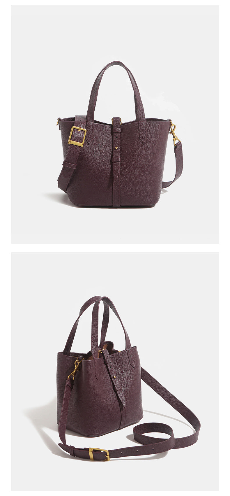 Small structured pebbled leather-look bucket tote bag with dual top handles and silver-tone hardware, detail view 11