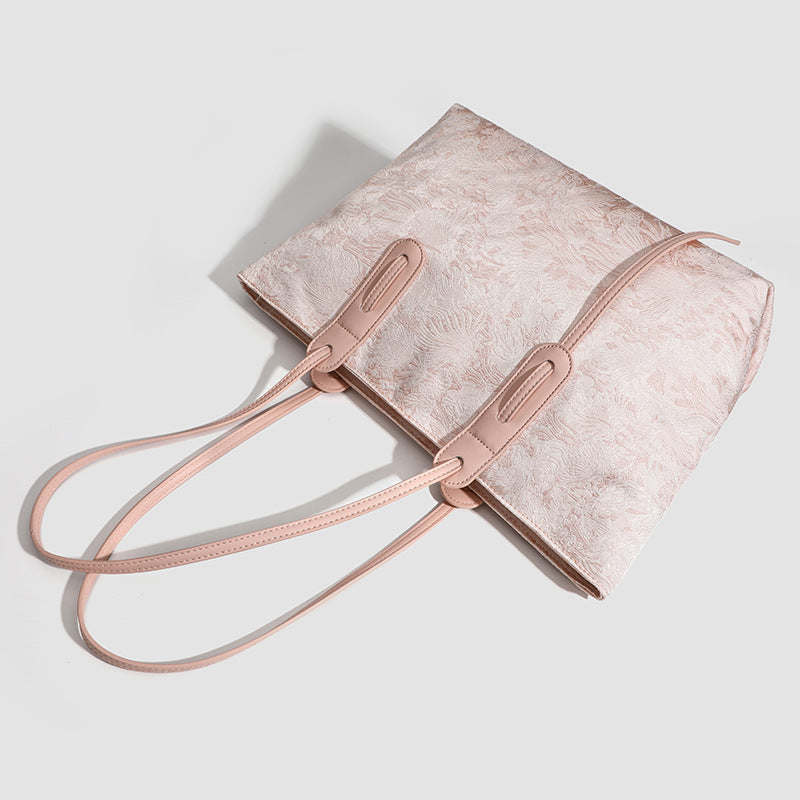 Large structured floral jacquard tote bag with long leather-look shoulder strap, detail view 4