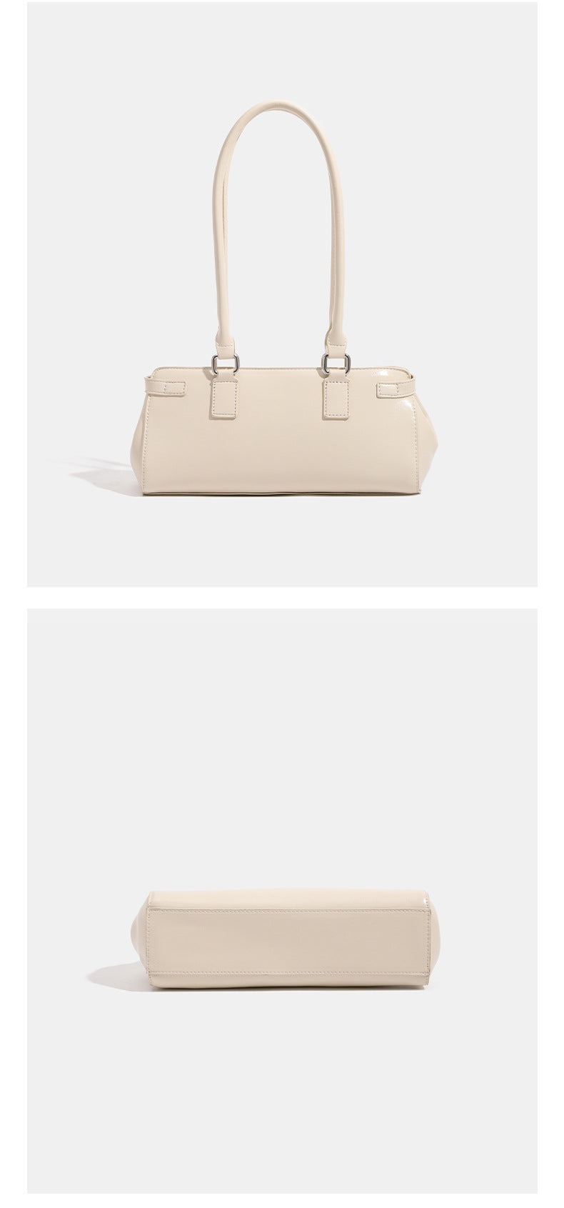 Glossy leather-look baguette shoulder bag with silver-tone hardware and buckle-strap detail, detail view 13