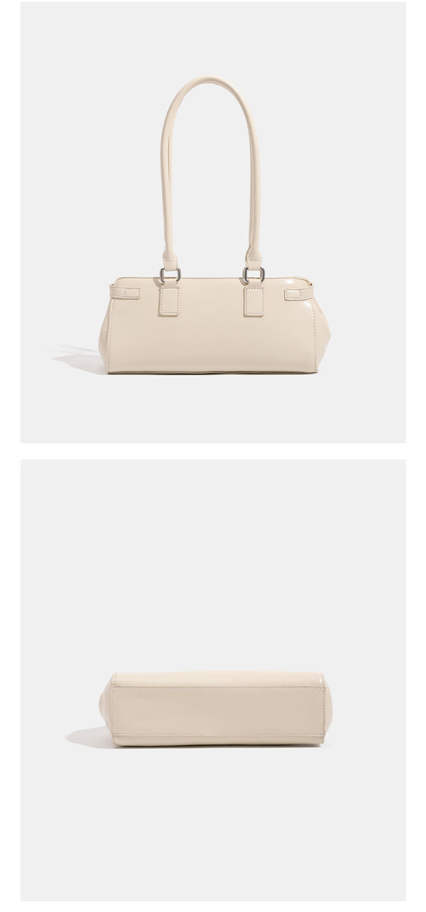 Glossy leather-look baguette shoulder bag with silver-tone hardware and buckle-strap detail, detail view 13