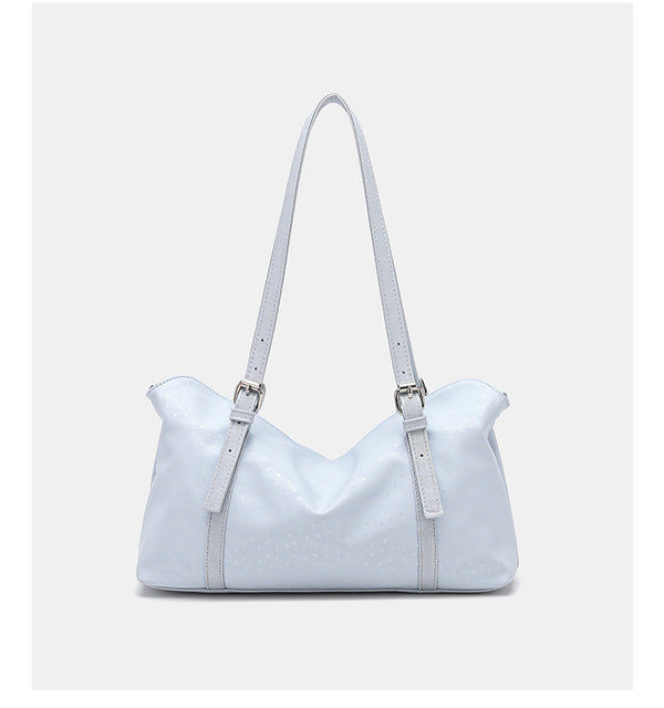 Slouchy leather-look shoulder tote bag with star charm pendant, silver-tone rivets and buckles, detail view 11