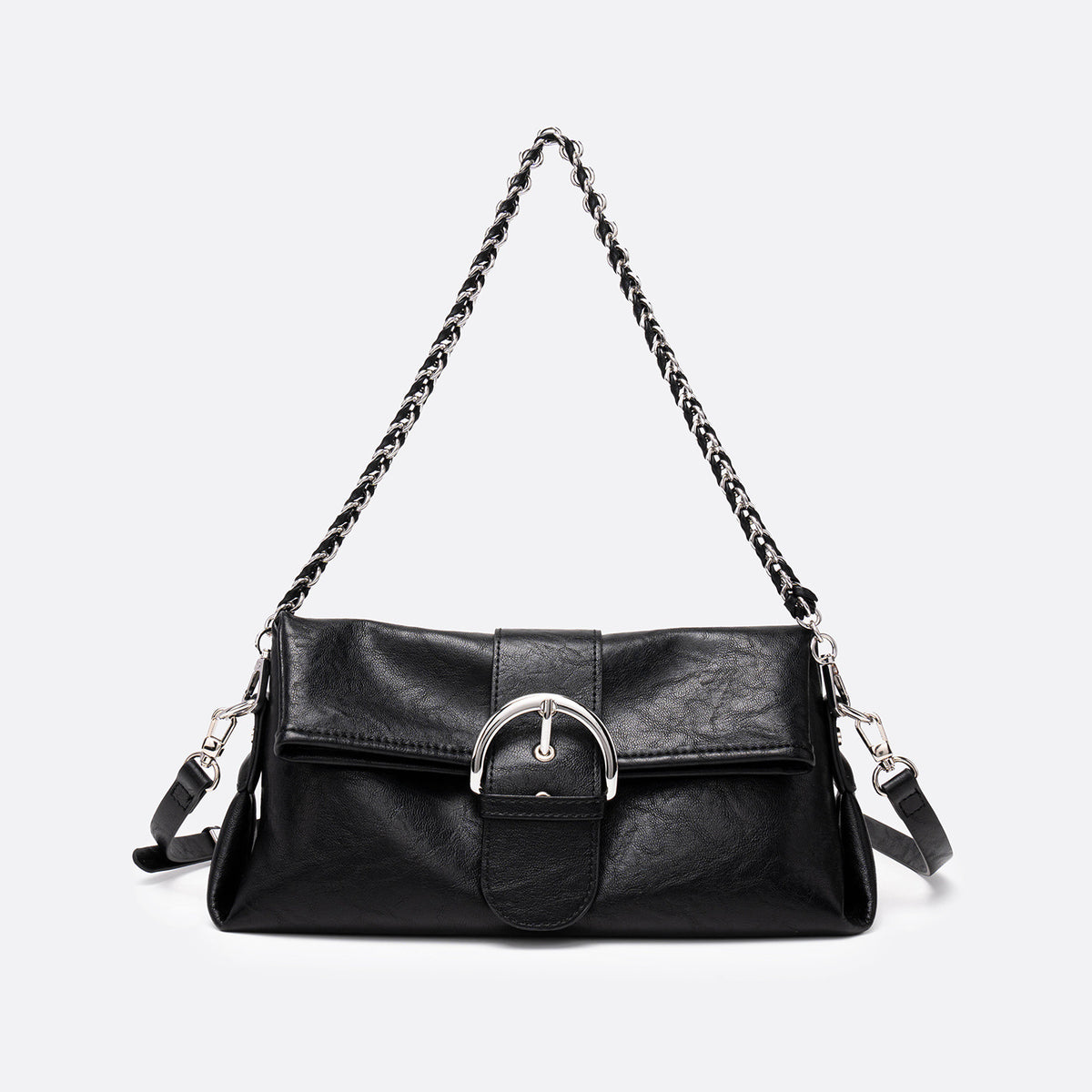 Schwarze strukturierte Mini-Schultertasche in quadratischer Form mit übergroßer Schnallenklappe, Kettenriemen und passender Reißverschlusstasche aus glattem, genarbtem