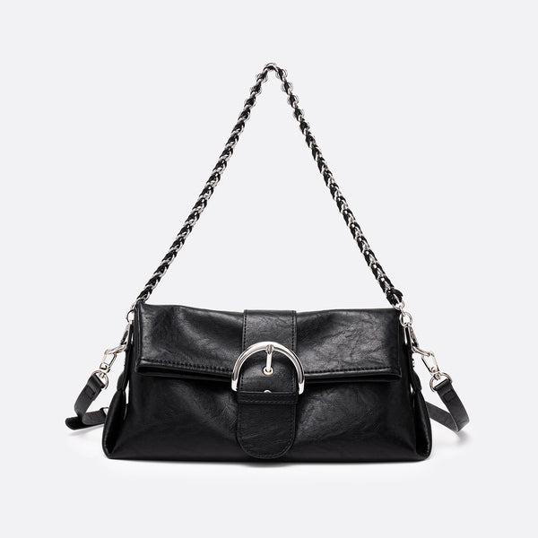 Schwarze strukturierte Mini-Schultertasche in quadratischer Form mit übergroßer Schnallenklappe, Kettenriemen und passender Reißverschlusstasche aus glattem, genarbtem
