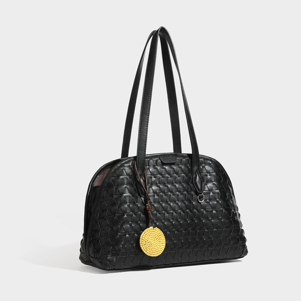 Strukturierte, kuppelförmige Schultertasche im Shopper-Stil mit geometrischer Webstruktur in Lederoptik, langen Doppelriemen, Reißverschluss oben und rund