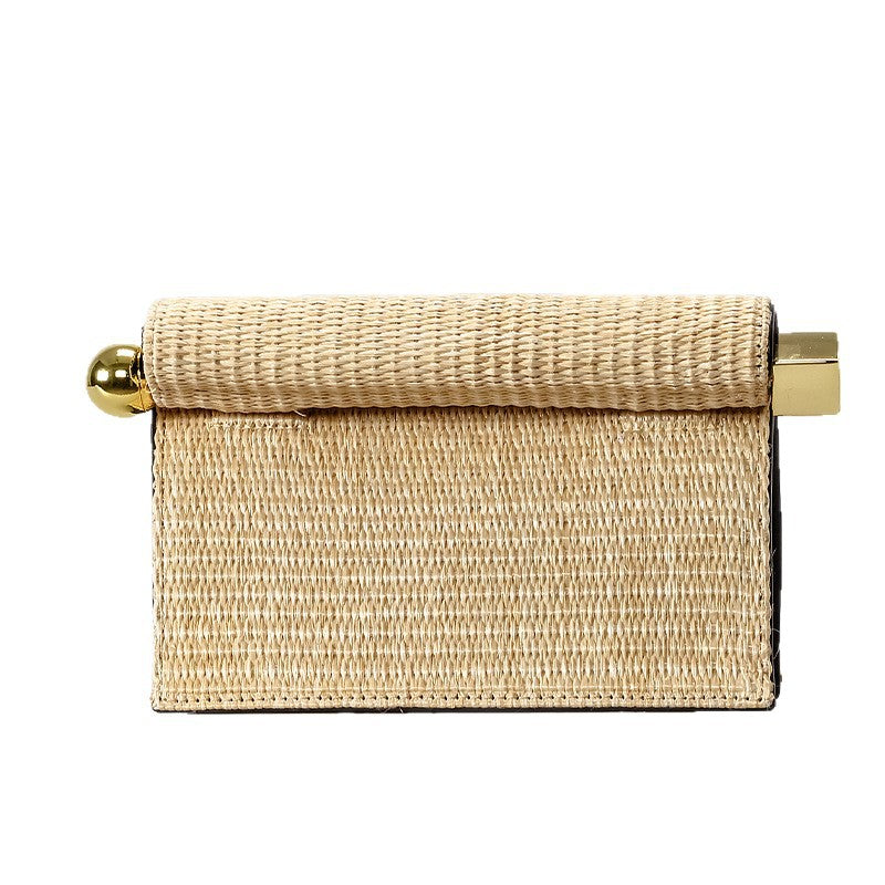 Structured rectangular clutch bag with rolled-top bar closure, gold-tone and silver-tone mixed metal hardware, detail view 5