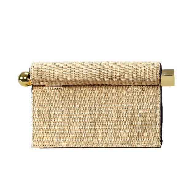 Structured rectangular clutch bag with rolled-top bar closure, gold-tone and silver-tone mixed metal hardware, detail view 5