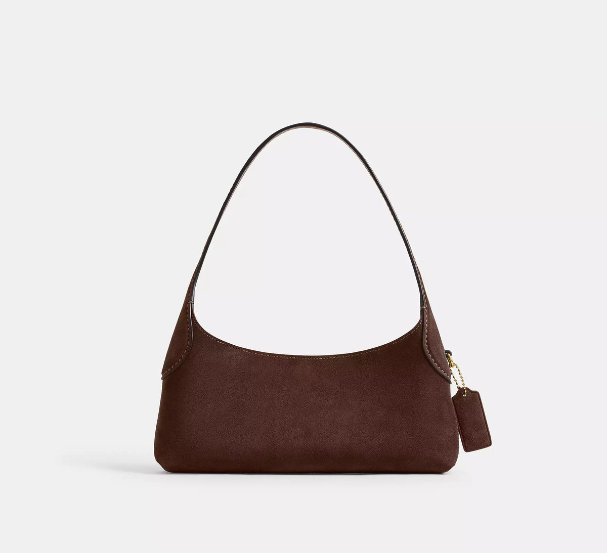 Slim crescent-silhouette shoulder bag in chocolate brown suede-look finish with contrast topstitching, top zip closure, thin