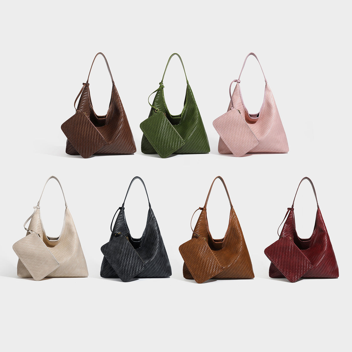 Lässige gewebte Hobo-Shopper-Tasche in Braun aus Lederoptik mit abnehmbarem Reißverschlussbeutel und goldfarbenen Beschlägen, Detailansicht 2