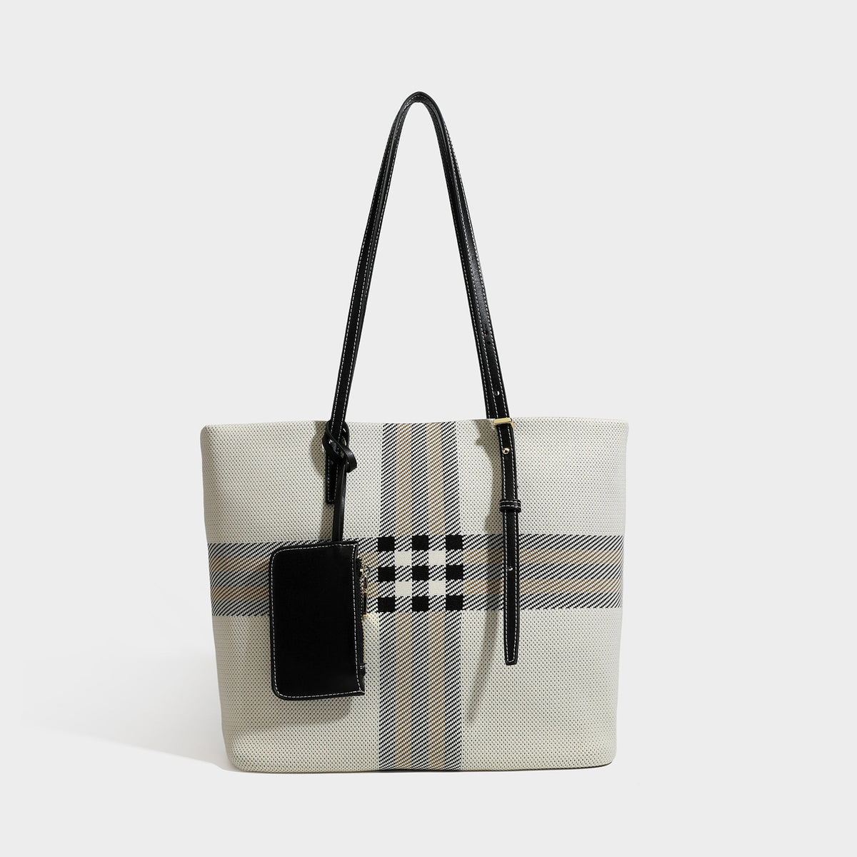 Large structured plaid check tote bag with smooth tan leather-look shoulder straps, attached front zip pouch, and gold-tone