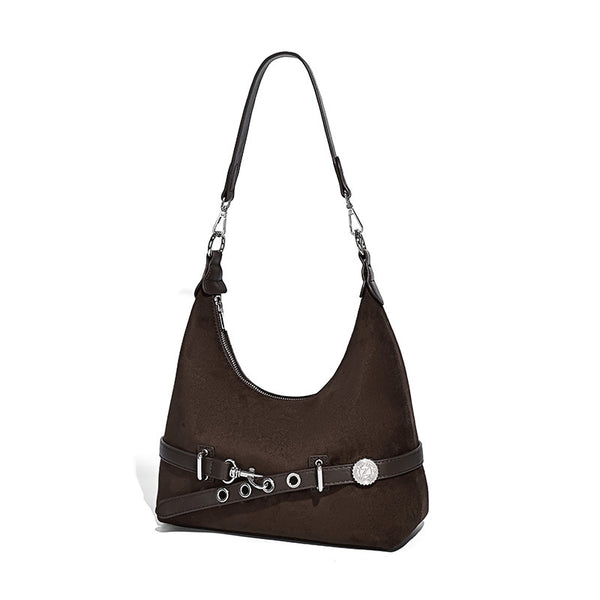 Hobo-Schultertasche in Dunkelbraun mit Veloursleder-Finish, silberner Gürtelschnalle und Ösenbeschlägen, verstellbarem Riemen, Detailansicht 5