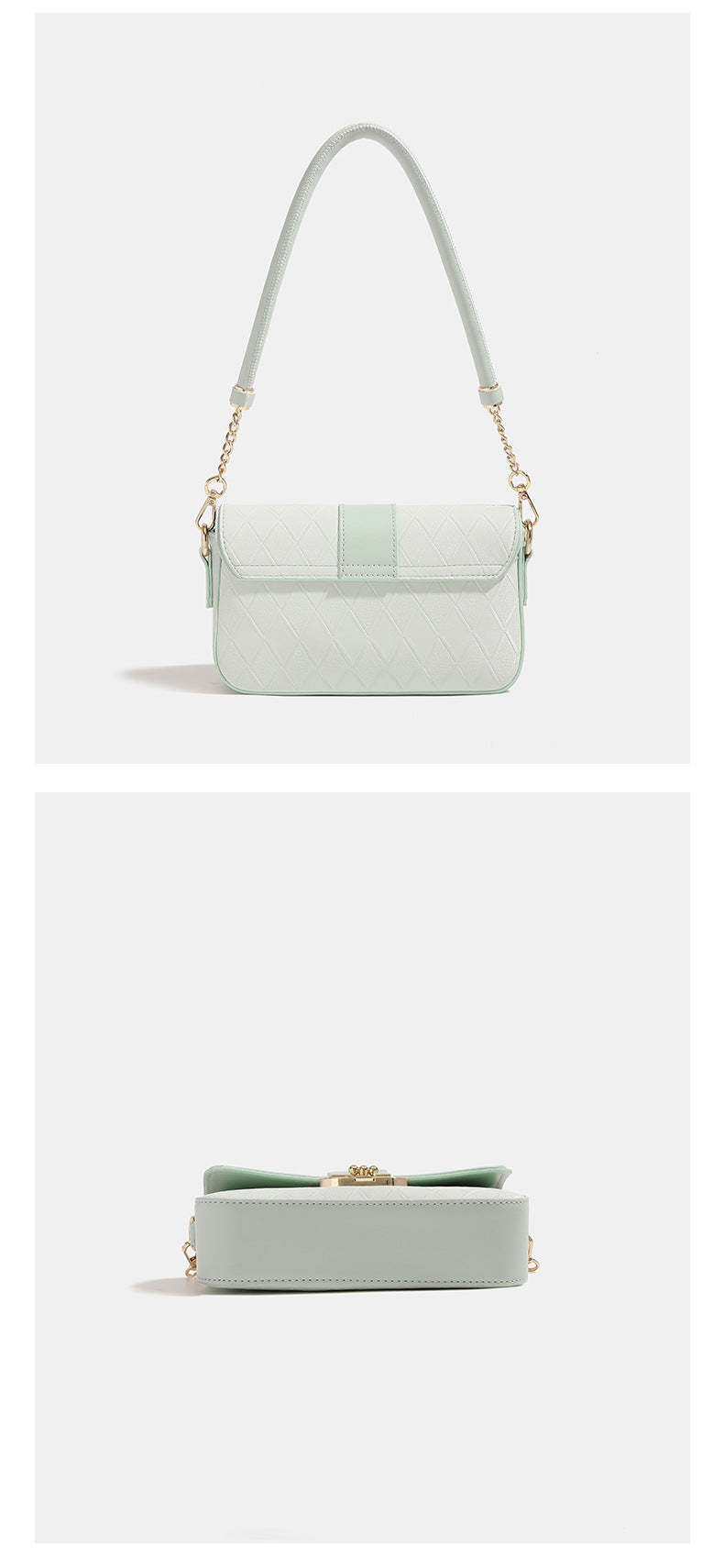 Kleine strukturierte gesteppte Klappentasche mit Rautenmuster in Mintgrün, goldfarbenem Drehverschluss und abnehmbarem Kettenriemen zum Tragen als Crossbody-Tasche