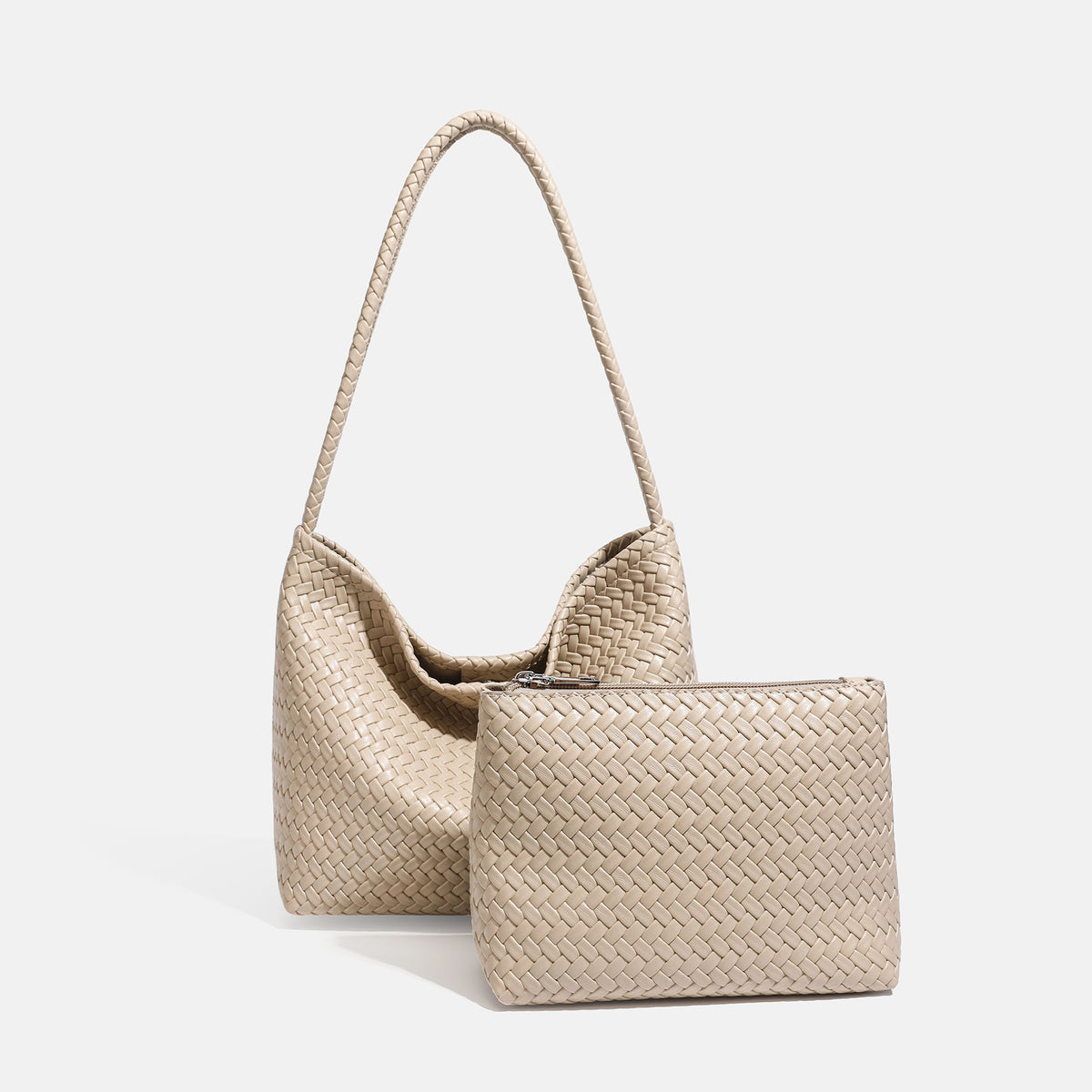 Woven leather-look hobo shoulder bag with braided strap and matching zip pouch, detail view 7