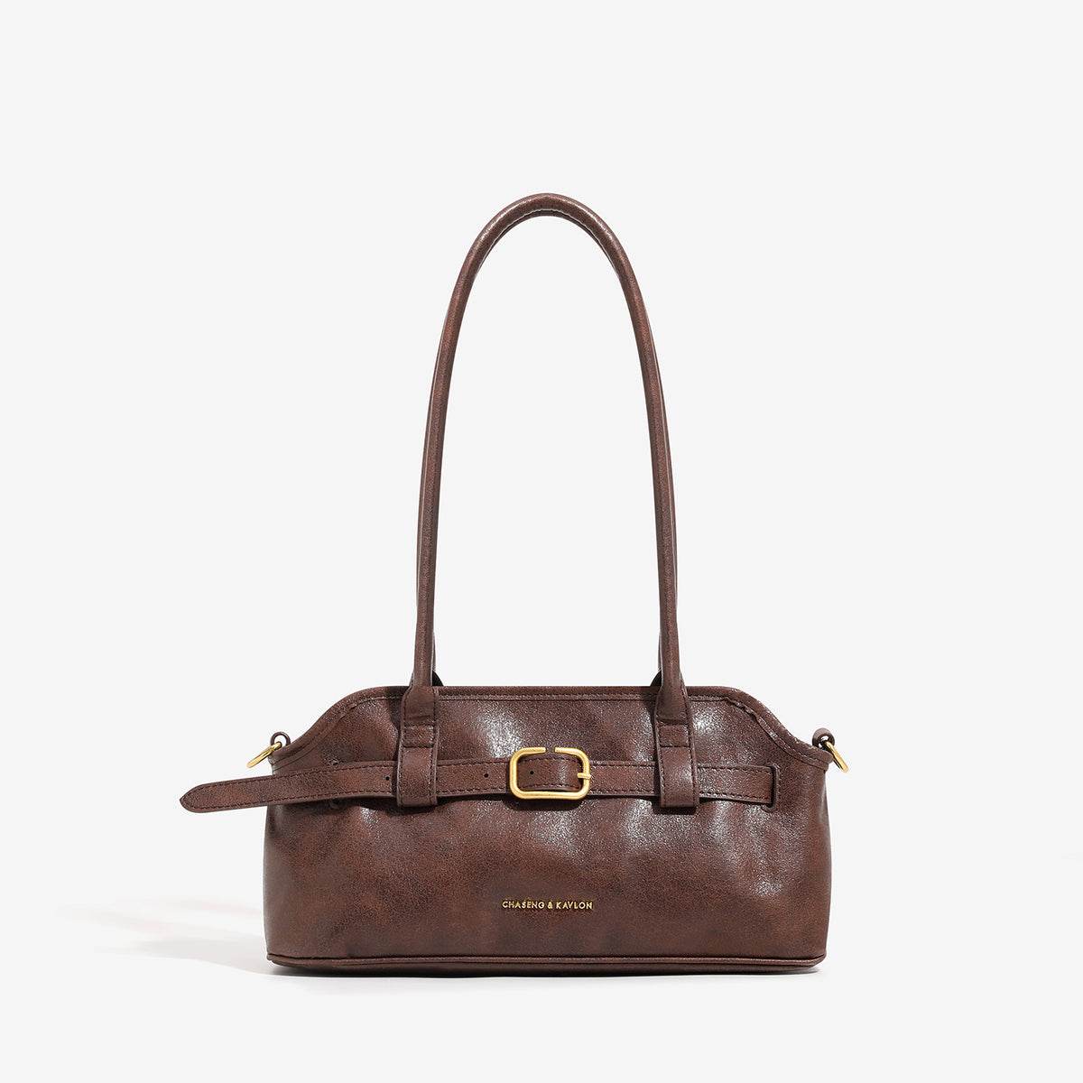 Structured baguette shoulder bag with belt-buckle front strap and dual long top handles, detail view 8